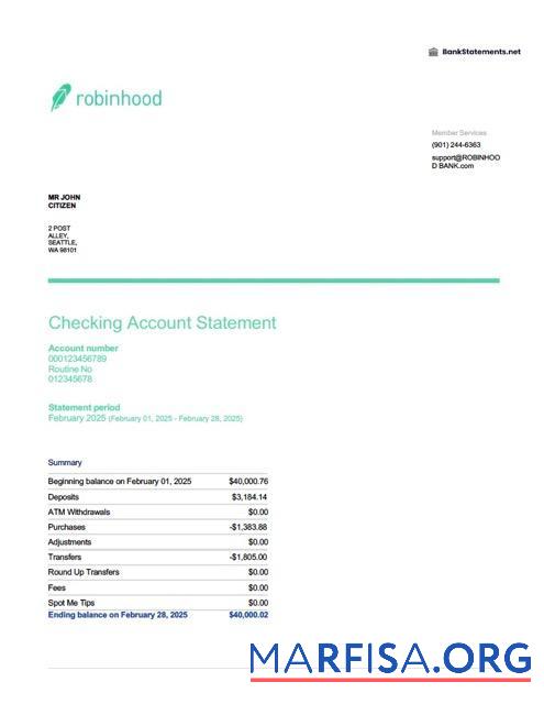 Downloadable USA Robinhood Banking account statement word download for verification